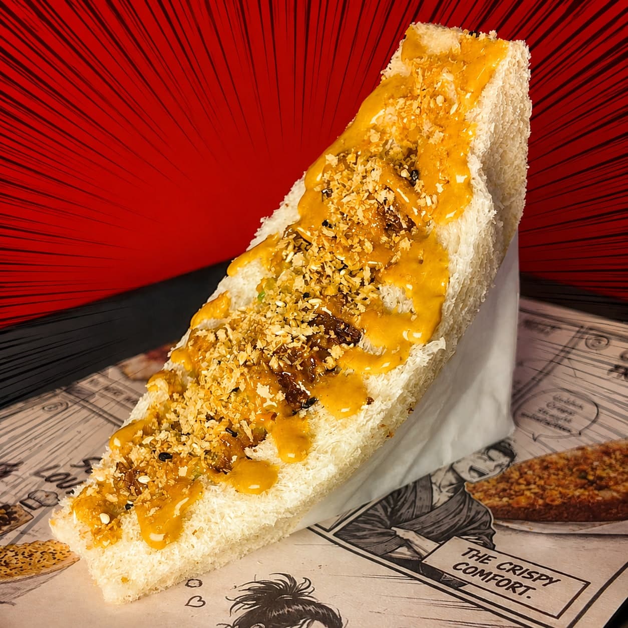 Crispy Katsu sando, panko crust cut open